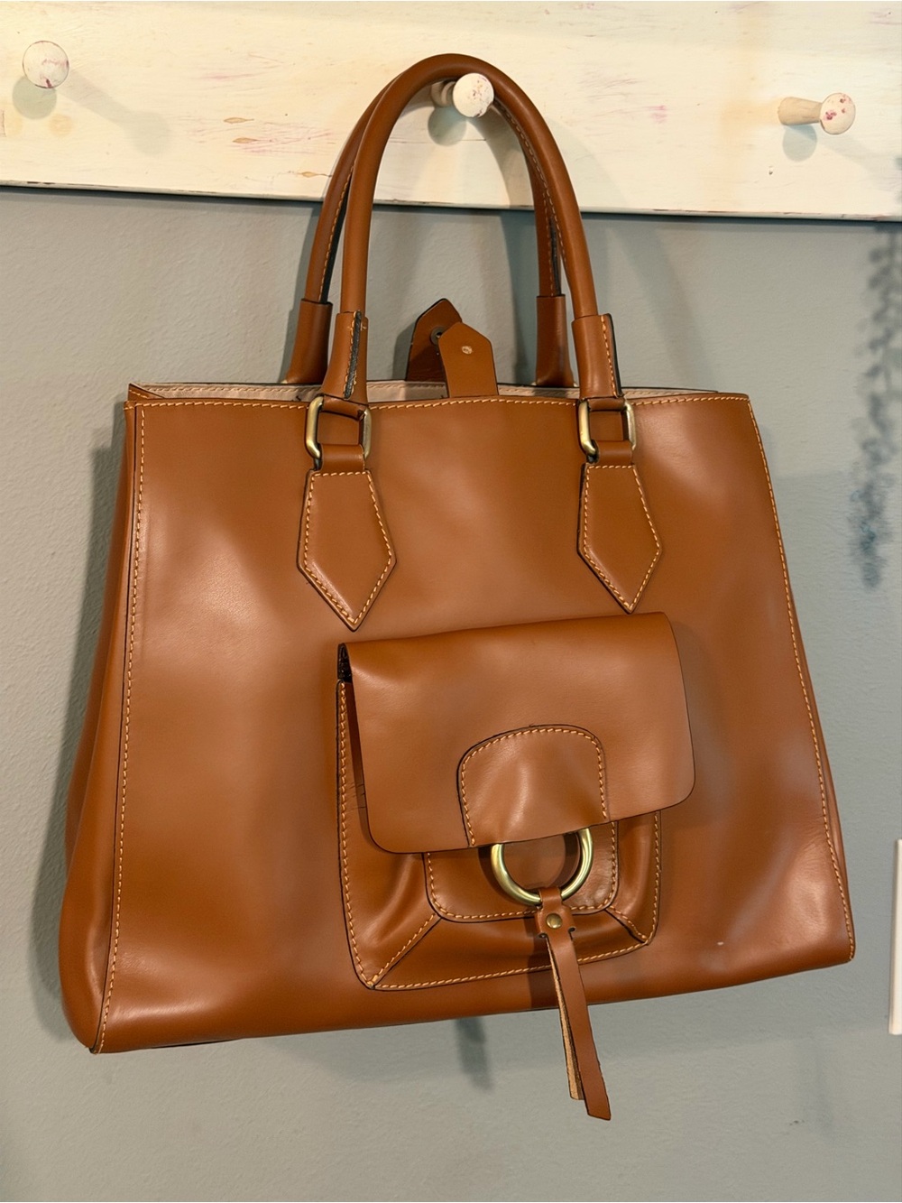 A. Belluci Italian smooth calf Leather Tote with Front Pocket and Ring Accent - Picture 7 of 15
